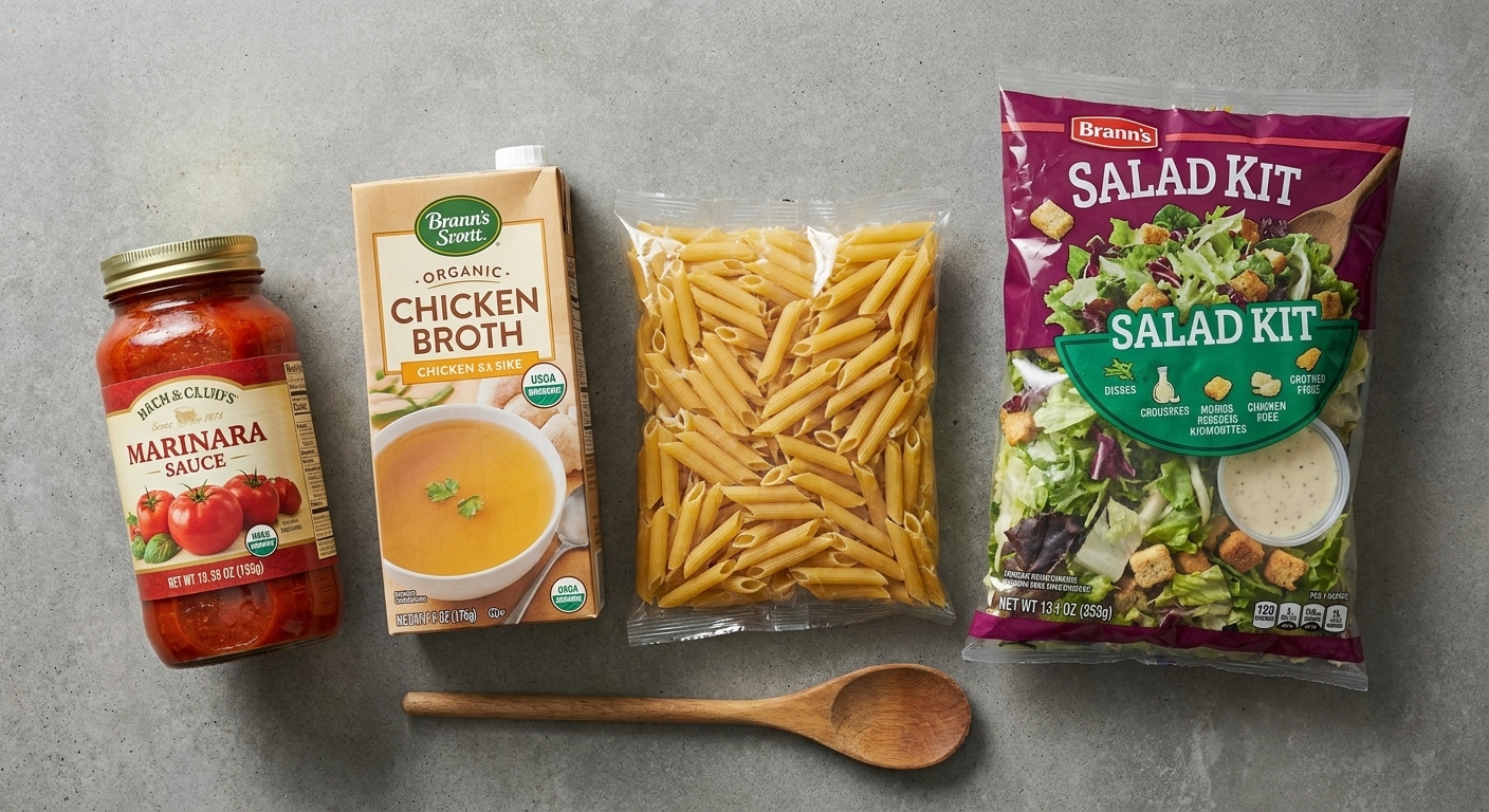 Weeknight staples on a counter, including jarred marinara, boxed broth, dried pasta, and a bagged salad kit
