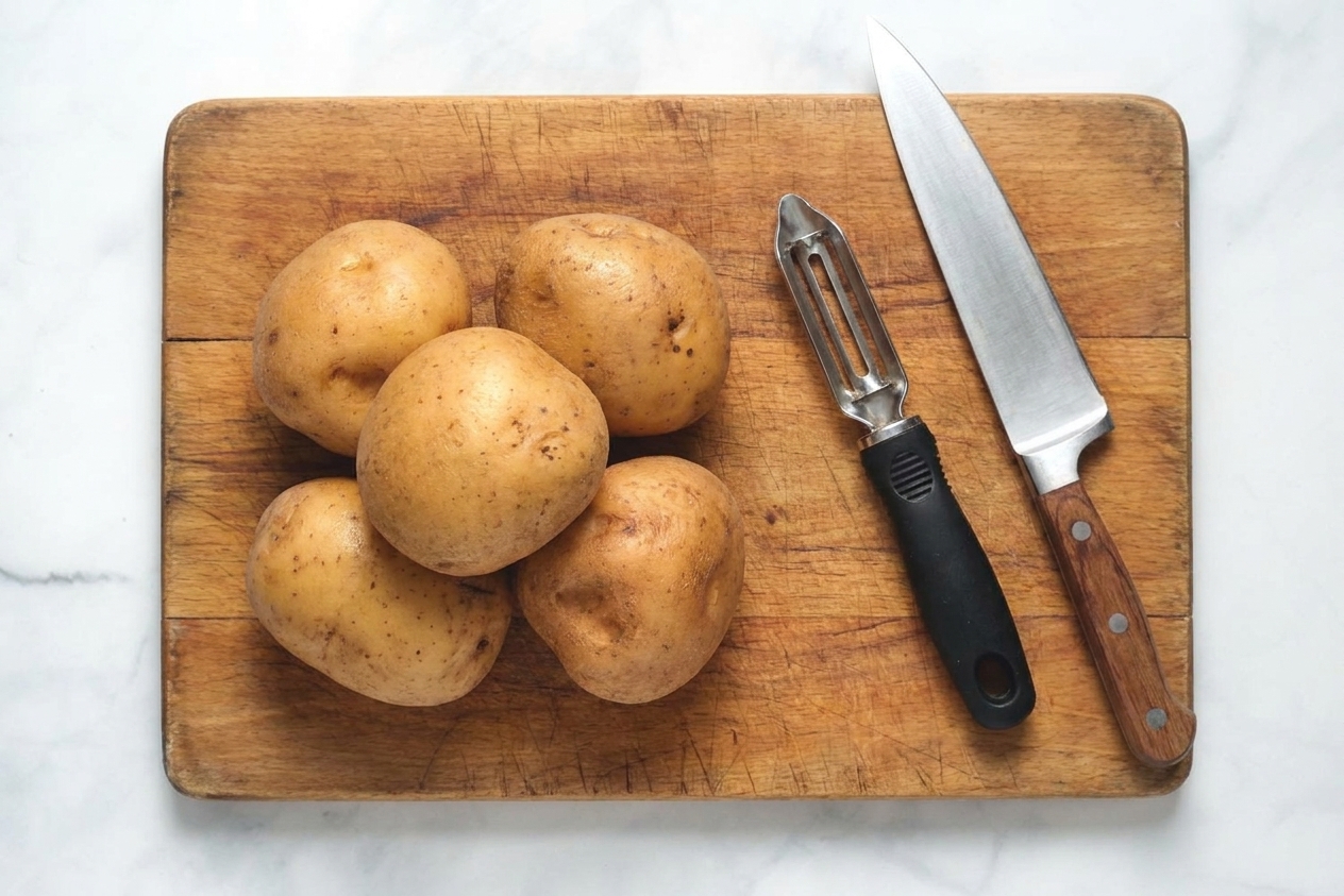 Whole Russet potatoes on a wooden cutting board with a vegetable peeler and a chef's knife ready for prep