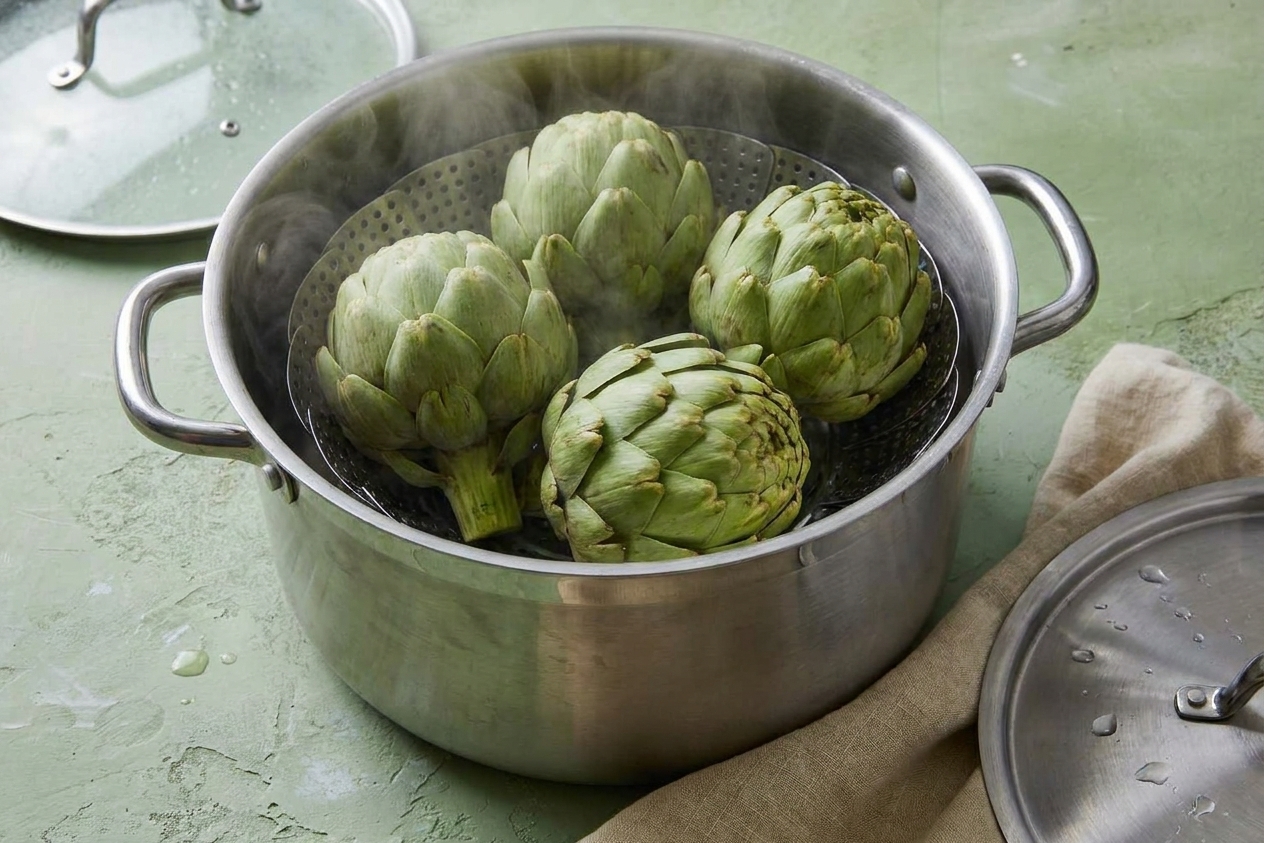 Whole artichokes standing in a steamer basket inside a pot with steam rising